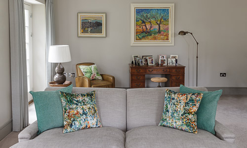 Elegant sitting room scheme in a townhouse in Cobham designed by surrey based interior designer Hilary White
