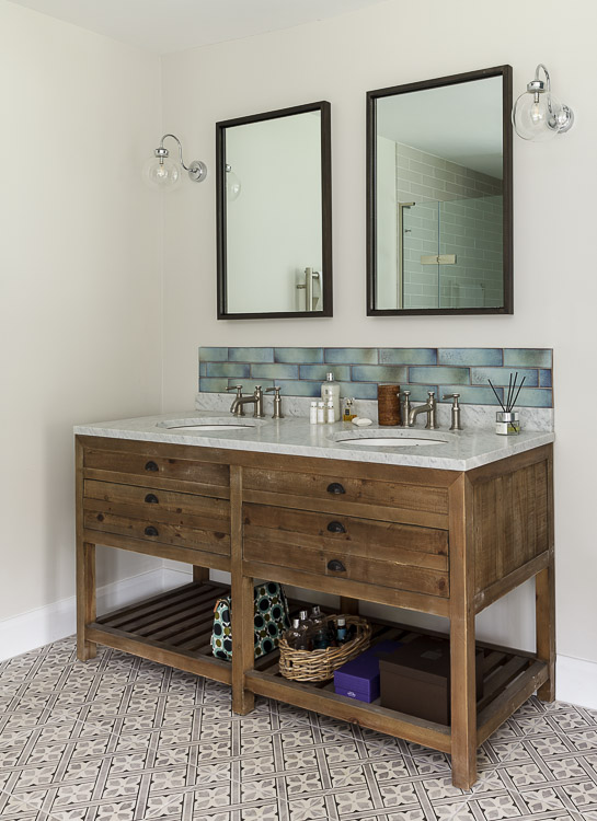 Modern Country bathroom vanity unit from restoration hardware in a country house in Peaslake