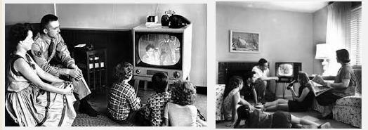 A family around the TV in the 1950s, TV is the focal point of the room in the interior design scheme